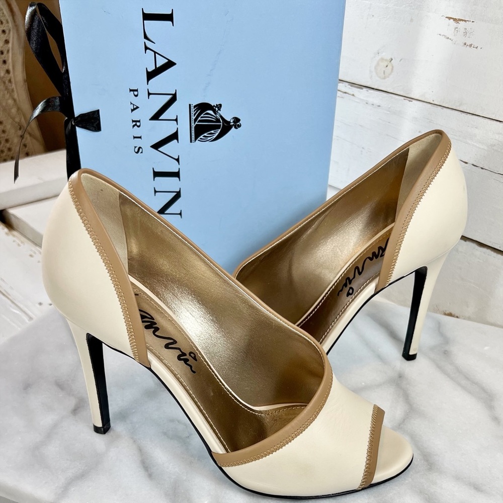 Lanvin Paris Ecru Leather D’Orsay Open Toe Stilettos